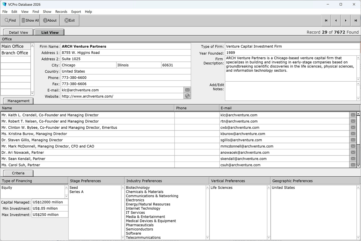 A venture capital firm profile in VCPro Database, showing investment criteria alongside named executive contact records