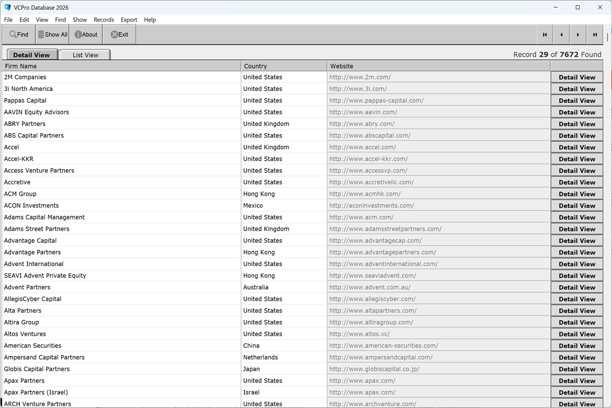 List view of venture capital and private equity firms, sortable by name, location, and firm type