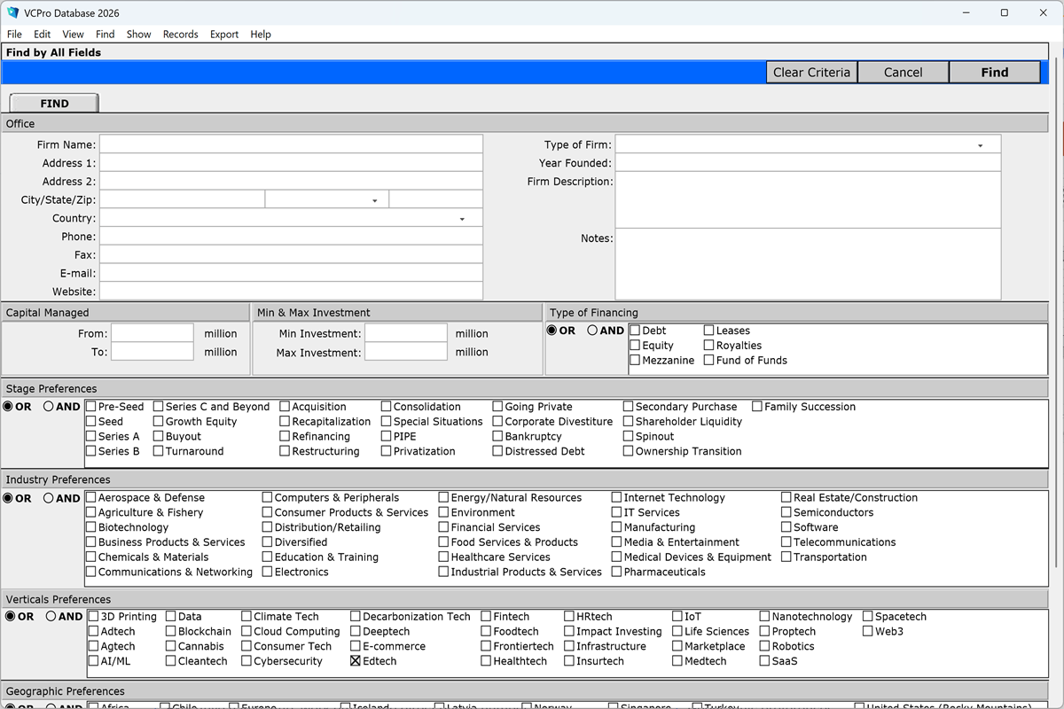 VCPro Database search panel with filters for investment stage, industry preference, geography, and financing type